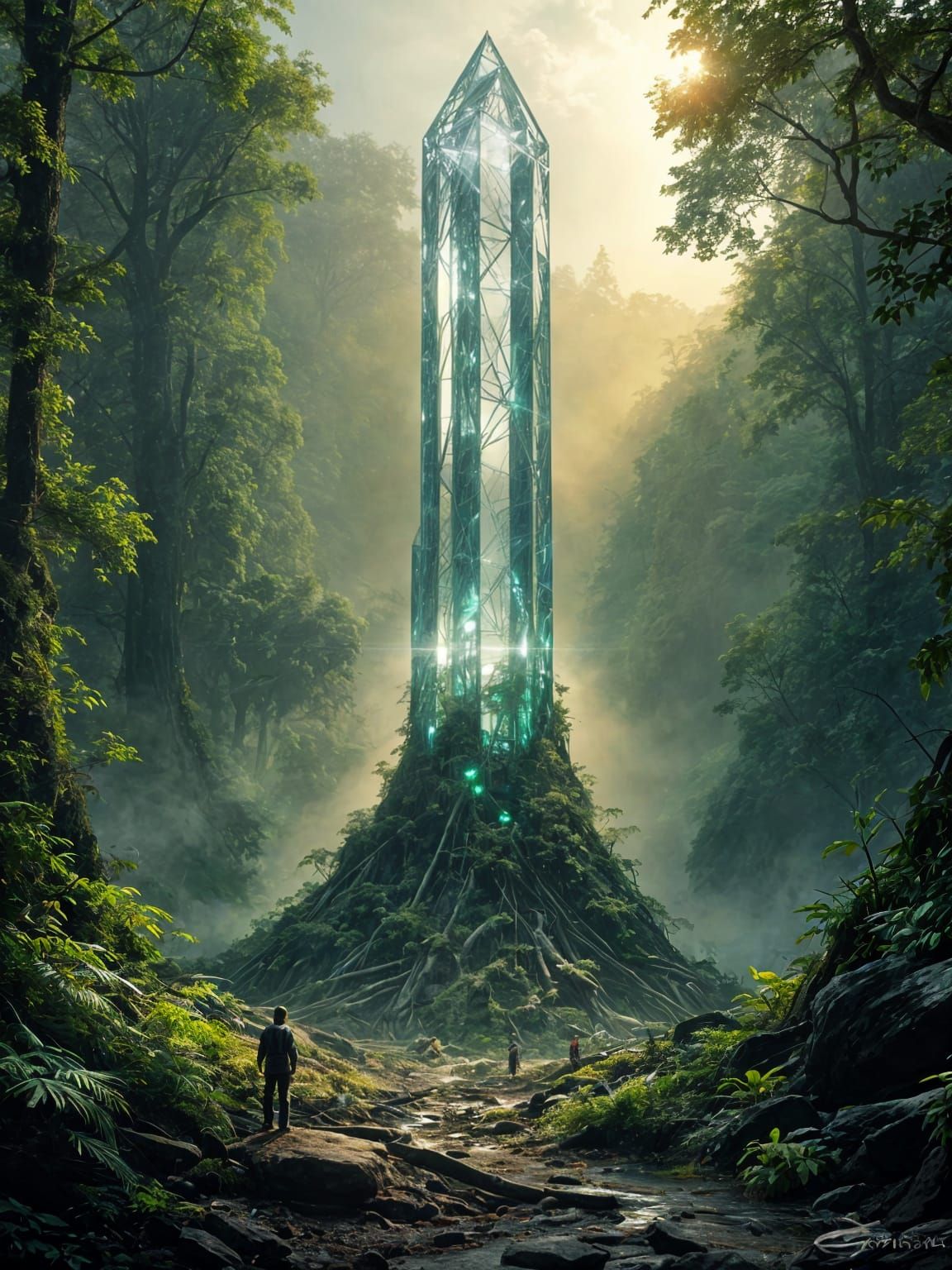 Surreal Glass Tower Pierces Primordial Forest