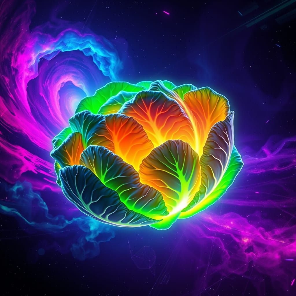 Electric Green Celestial Cabbage in a Retro-Futuristic Nebul...