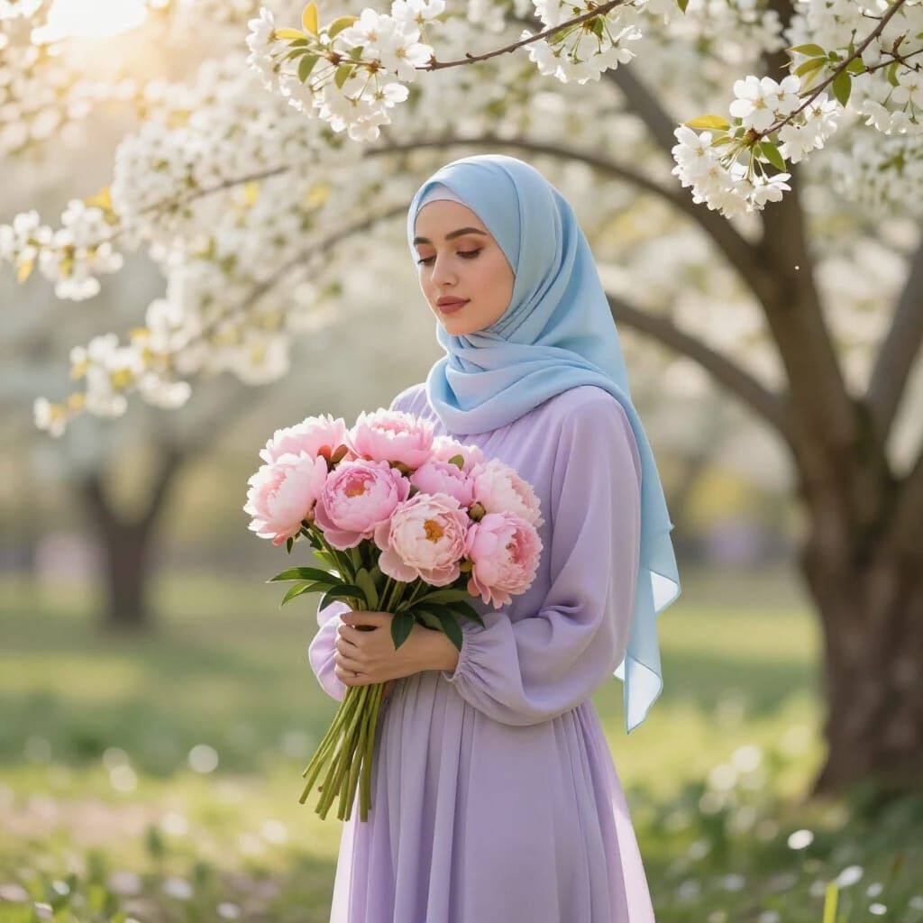Cinematic Portrait of Serene Woman in Spring Garden