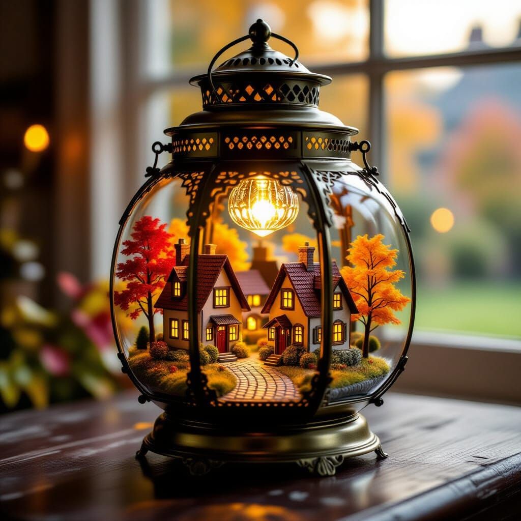Magical Autumn Village Inside a Vintage Lantern