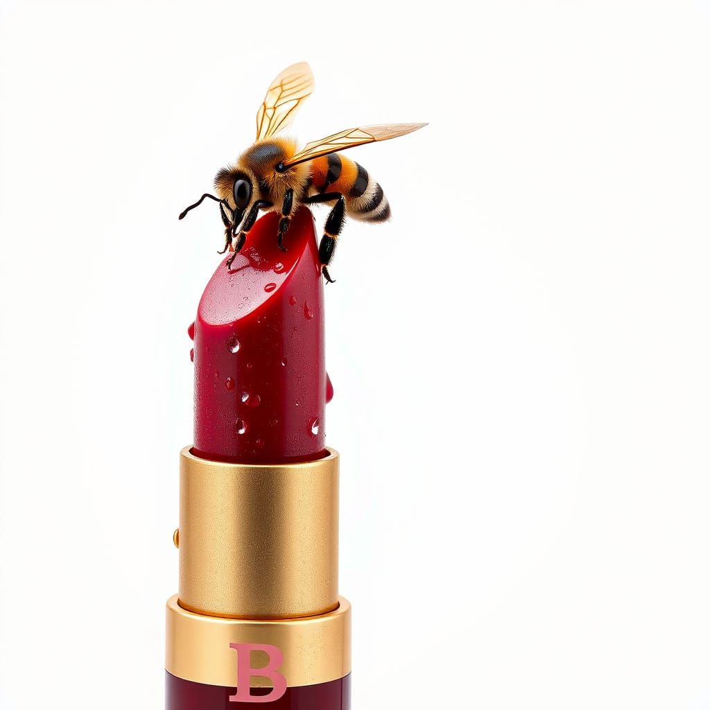 Crimson Lipstick with Bee and Dew Drops: 8K Ad Photo