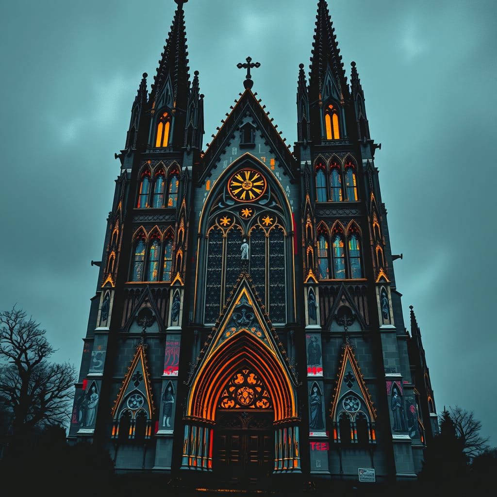 Vibrant Graffiti Gothic Cathedral at Twilight