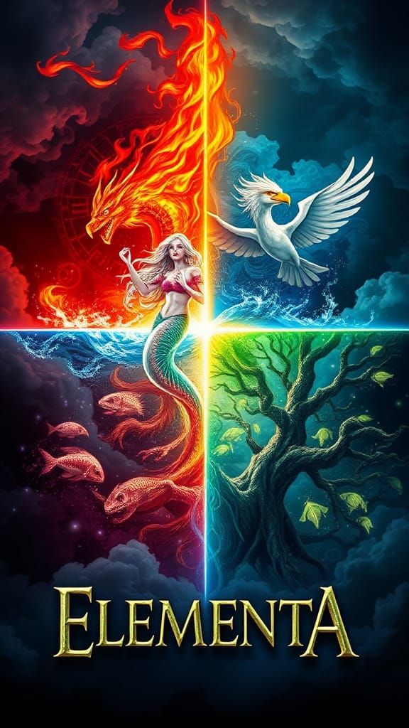 Elemental Movie Poster: Dragon, Mermaid, Sorceress, Treant