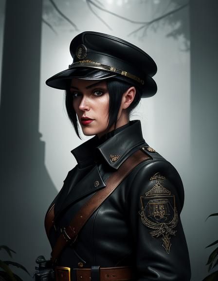 Hugo Ferdinand Boss, medium shot, wearing an SS uniform designed by a National Socialist fashion designer in a nature se...