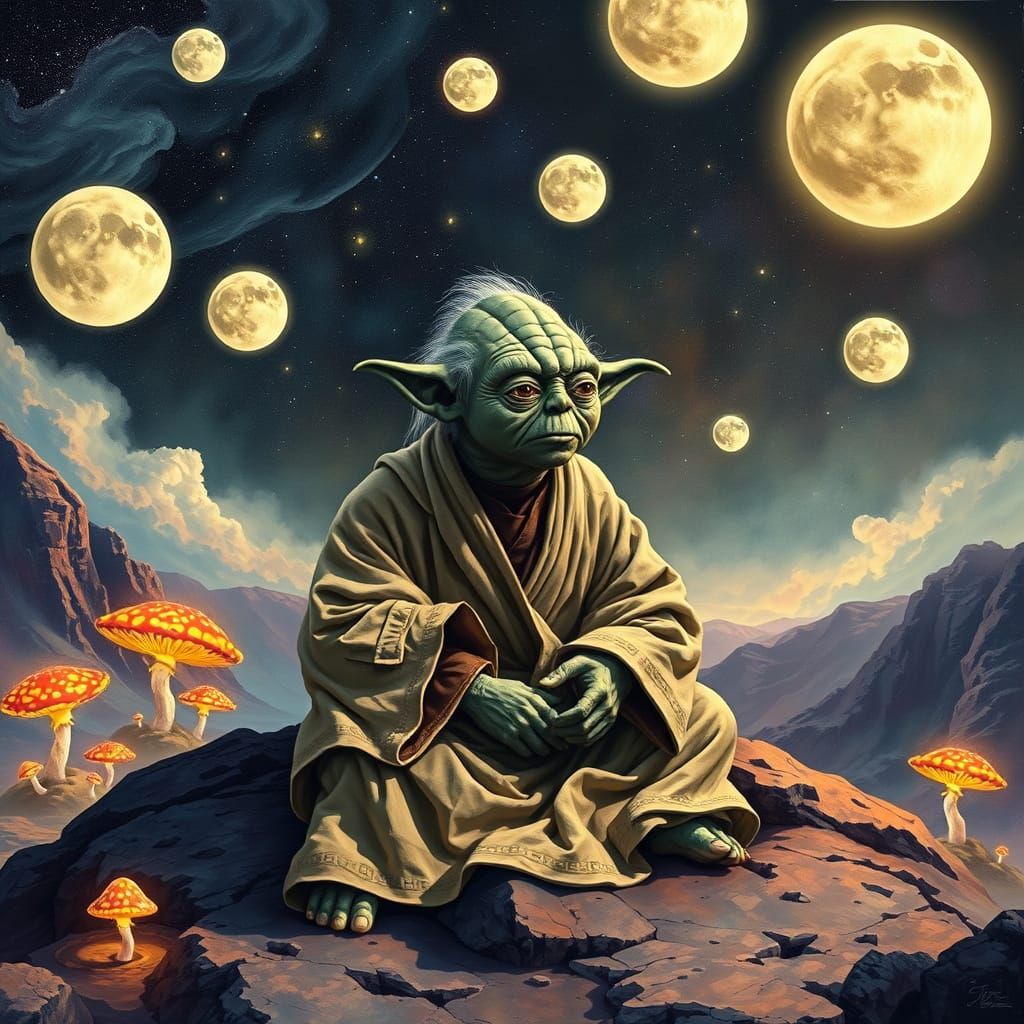 Cosmic Yoda in Vibrant, Mystical Landscape