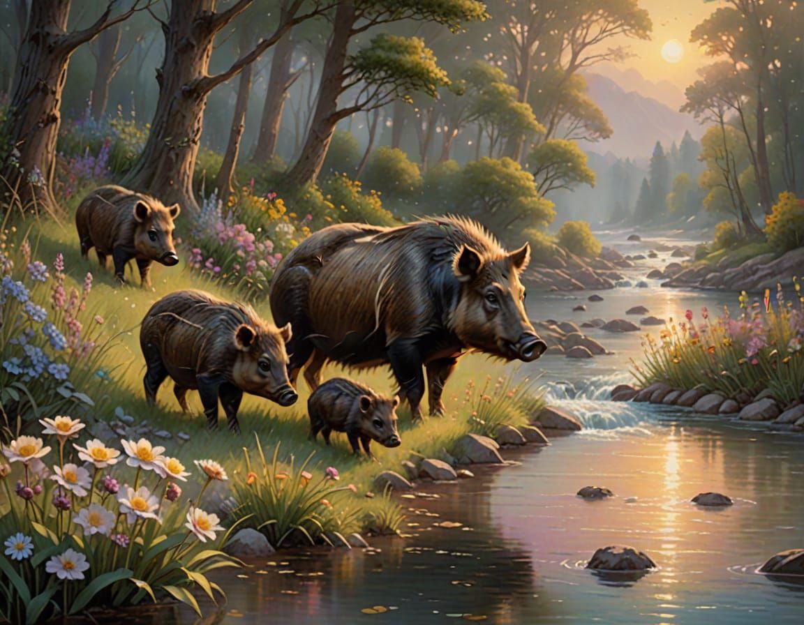 Idyllic Boar Family in Golden Light