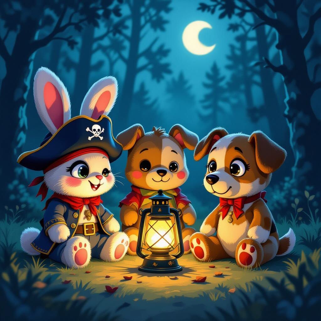 Mismatched Stuffed Animals Plotting in Enchanted Forest