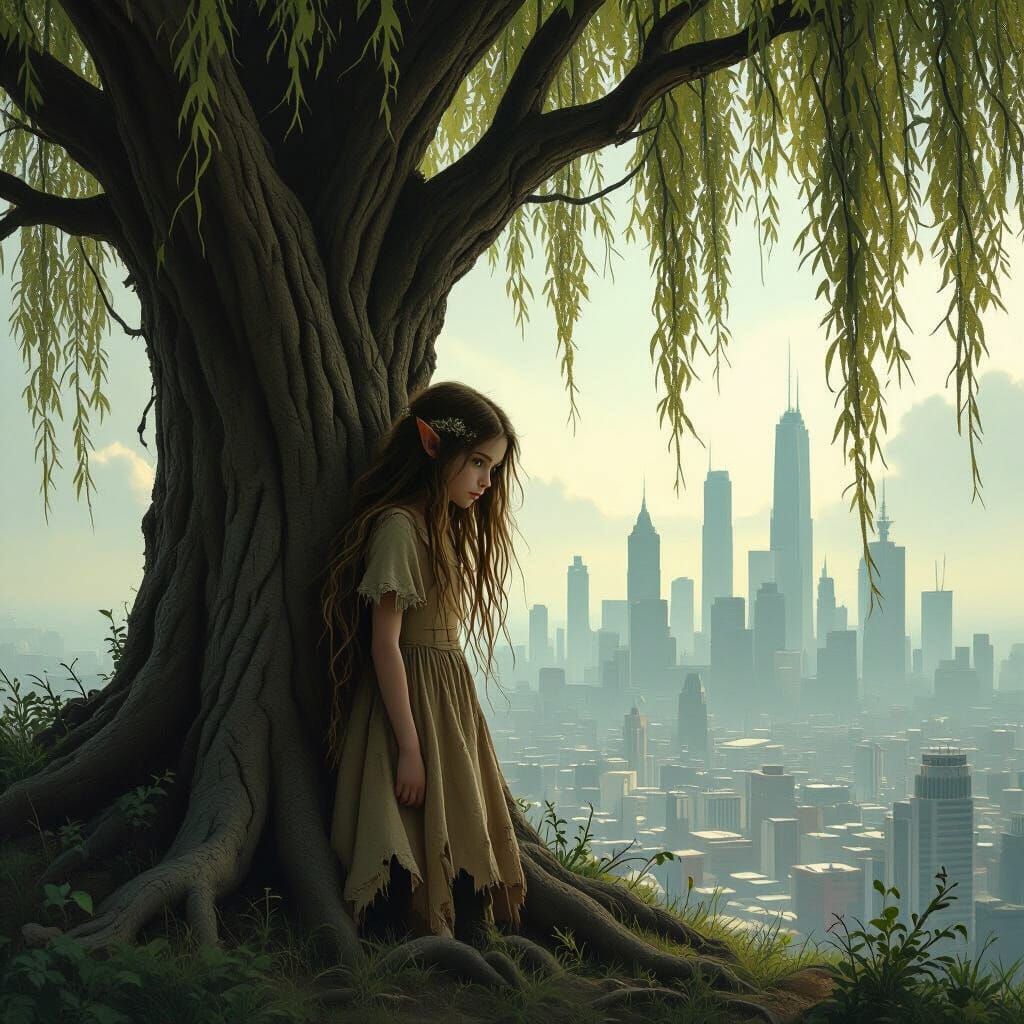 Fairy Girl in Realistic Style Gazing at City