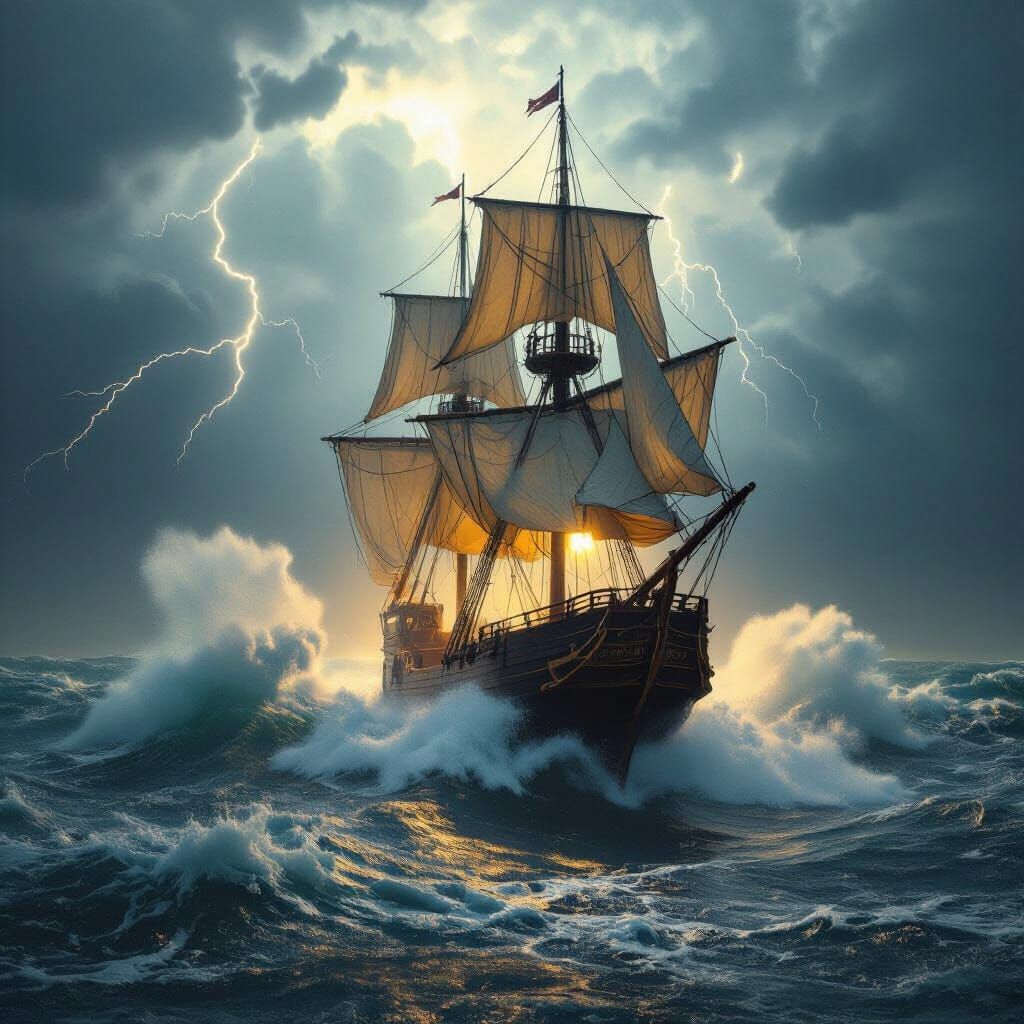 Epic 18th Century Ship Navigates Stormy Seas