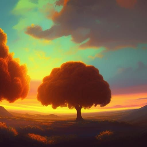 Sunset Tree on Hill as Detailed Matte Painting