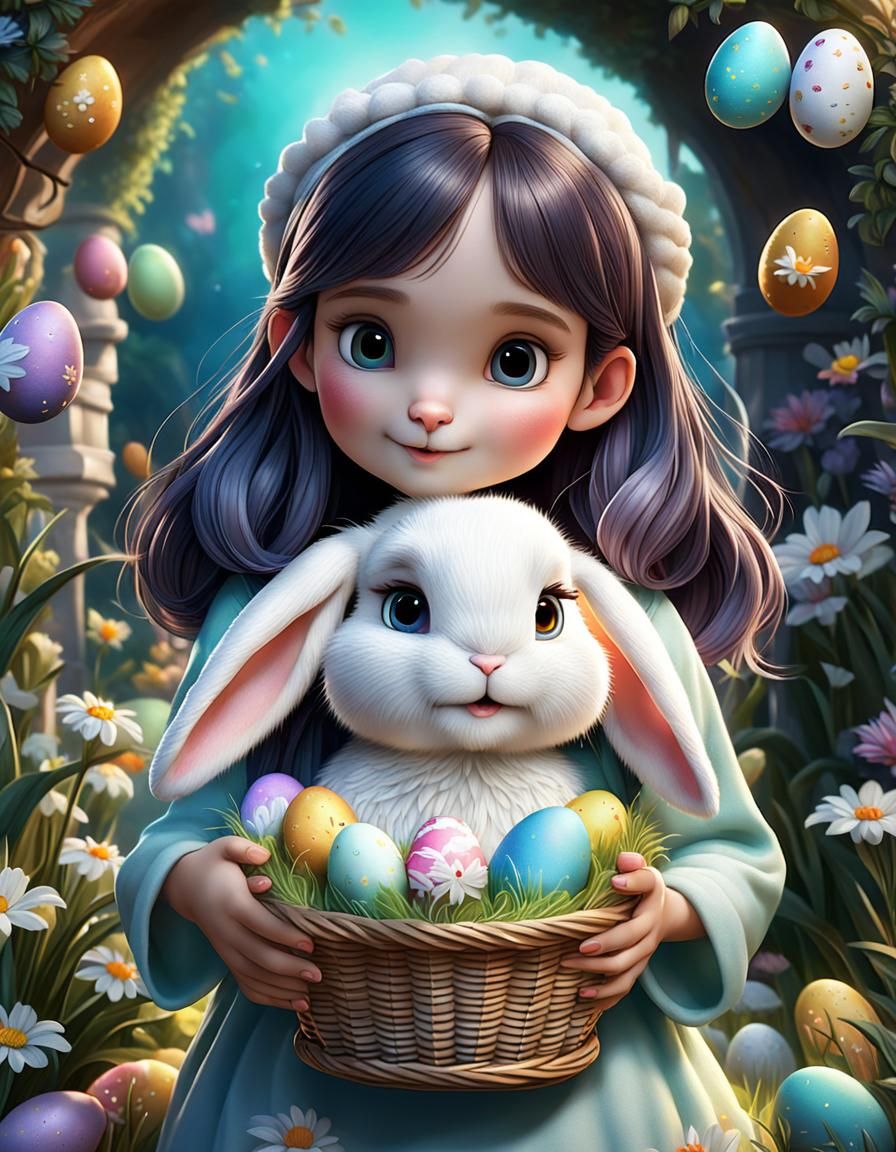 Girl with Bunny and Easter Eggs: 3D Render