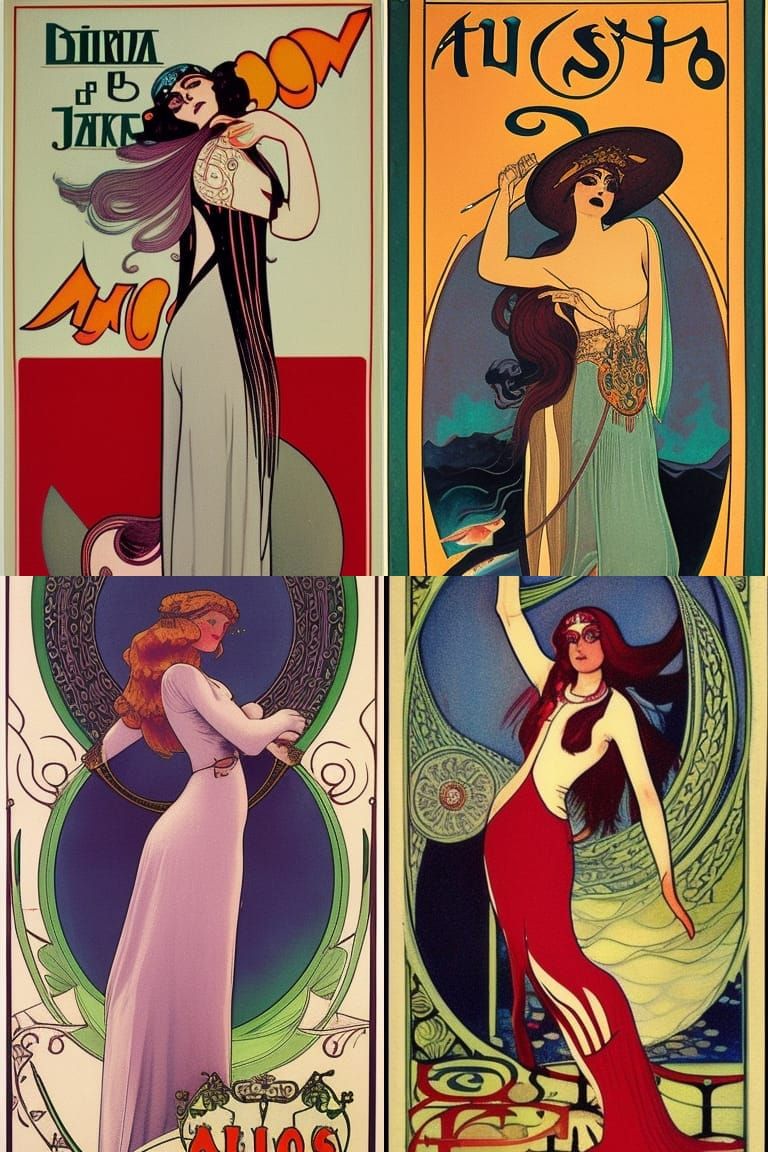 Art nouveau advertising, woman with long hair, fancy dress, alfons musha art