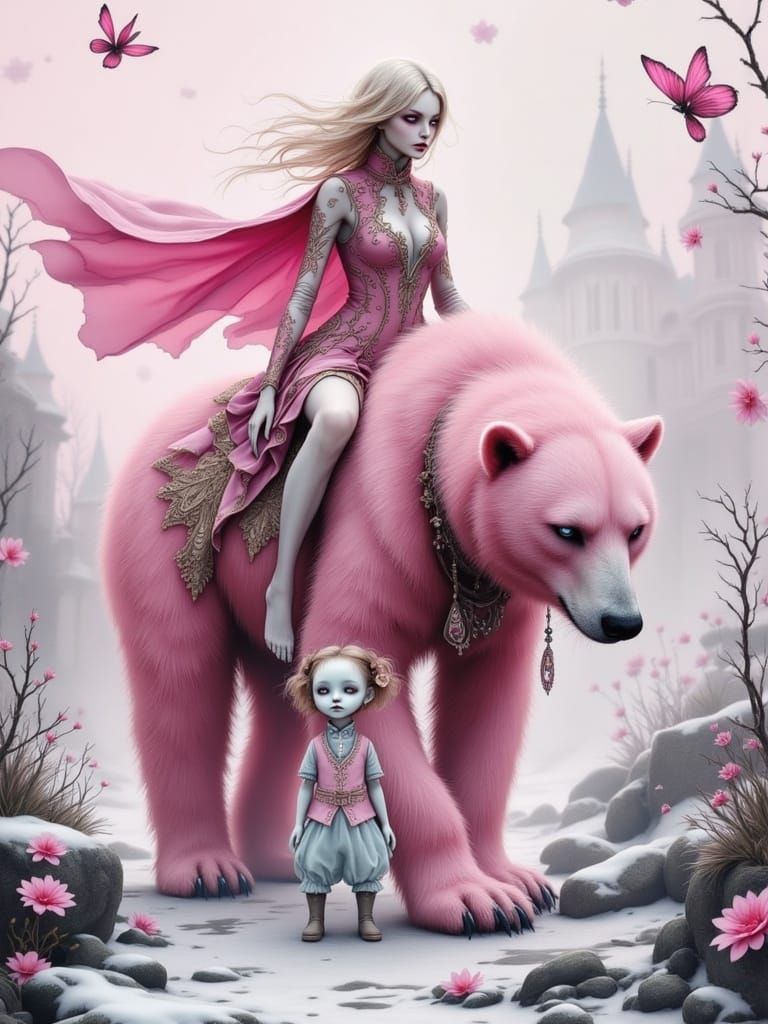 Dreamlike Encounter of Warrior and Polar Bear in Pastel Hues