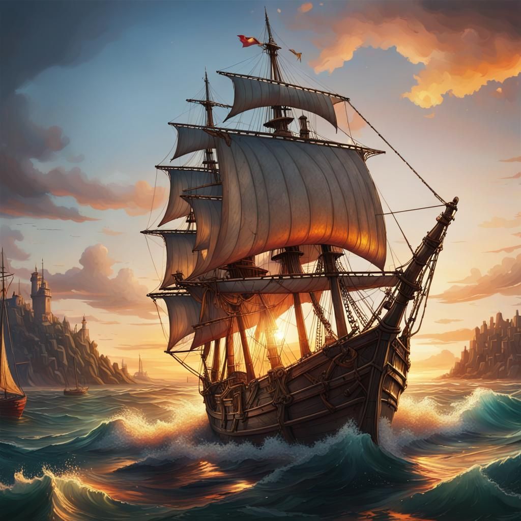 Medieval Sail Ship at Sunset: Hyperrealistic Concept Art