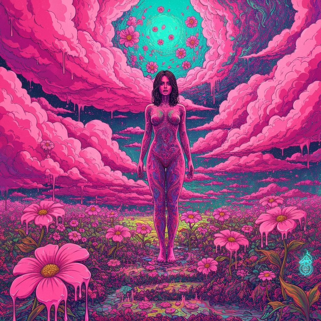 Dreamlike Woman in Surreal Pink Landscape