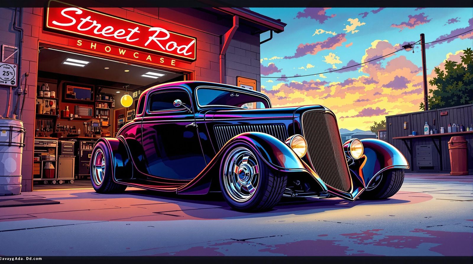 Sleek 1933 Ford Hot Rod in Neon-Lit Garage