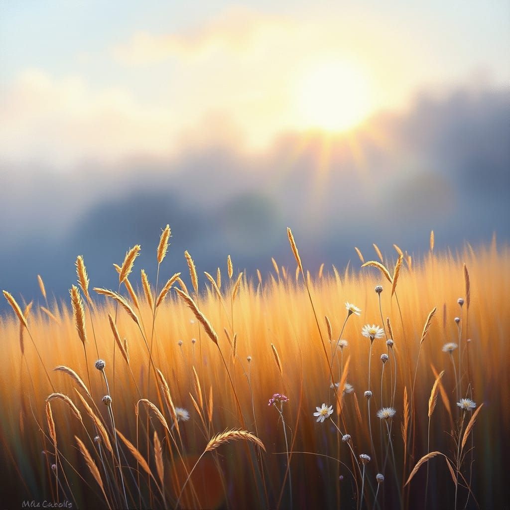 Surreal Winter Meadow Scene in Soft Pastel Hues with Golden....