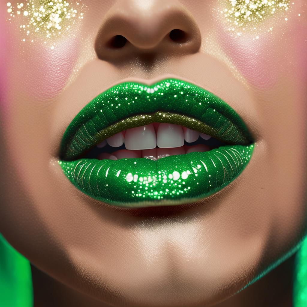 Green Glitter Lips: Hyperdetailed Close-Up
