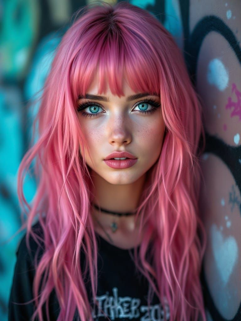 Elegant Emo Girl Portrait in Vibrant Graffiti Setting