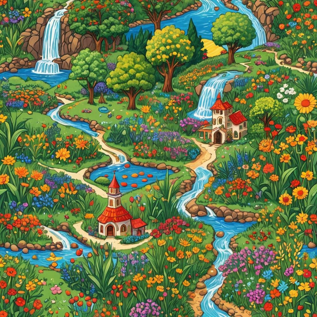 Candy Art Landscape with Mountains and Cornfields