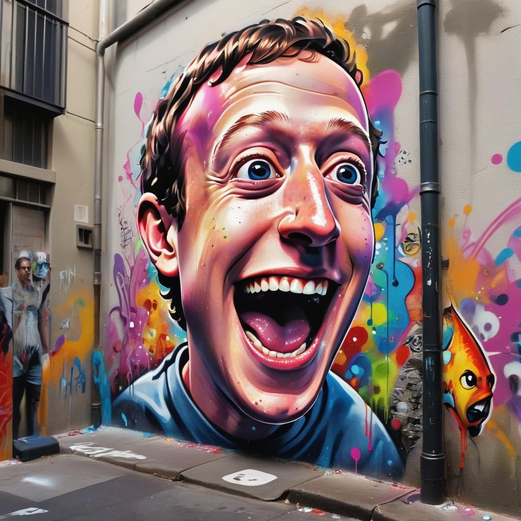Cyberpunk Street Art of Peixe Agulha Outsmarting Zuckerberg
