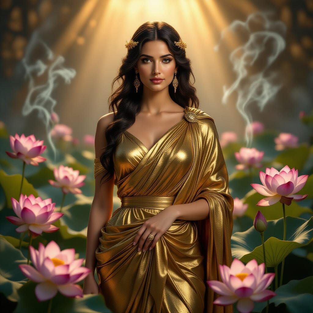 Athena in Liquid Gold Gown, Renaissance Style