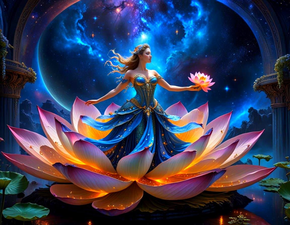 Surreal Cosmic Opera Theater with Celestial Lotus Flower and...