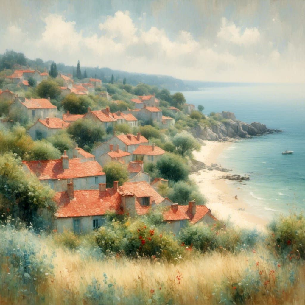 Impressionist Coastal Landscape with Red Roofs