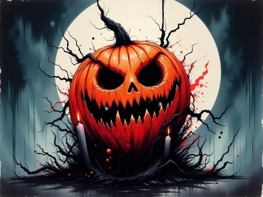 Scary Carved Pumpkin with Full Moon in Watercolor Style