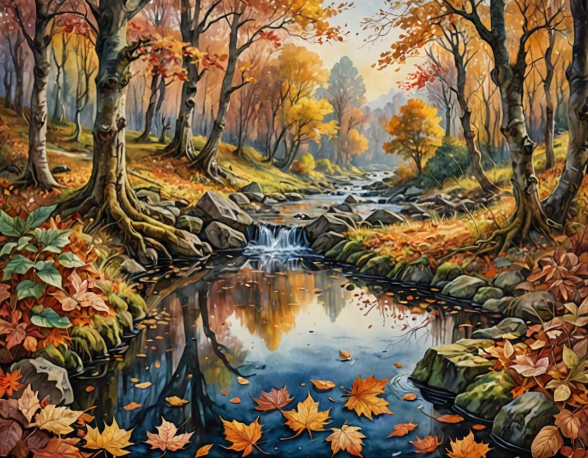 Autumn Landscape with Pond in Watercolor Style