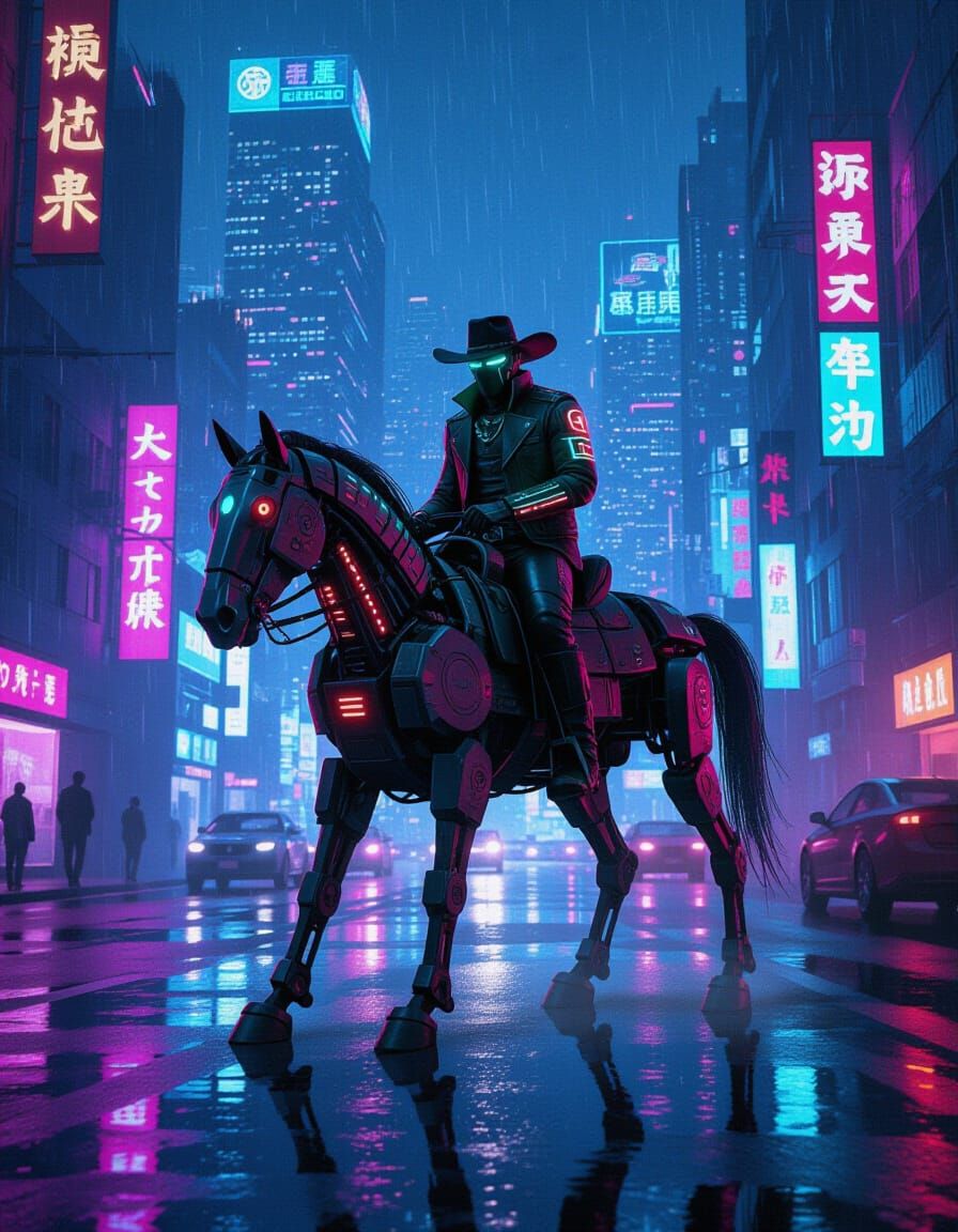 Cybernetic Cowboy Rides Mechanical Steed in Neon Cityscape