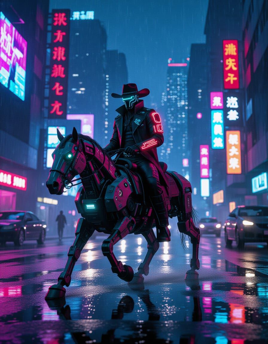 Cybernetic Cowboy Rides Mechanical Steed Through Neon Citysc...