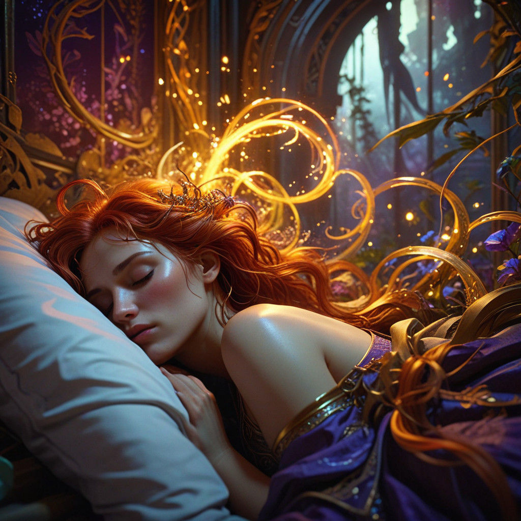Ethereal Entity Looms Over Sleeping Redhead in Dark Fantasy....