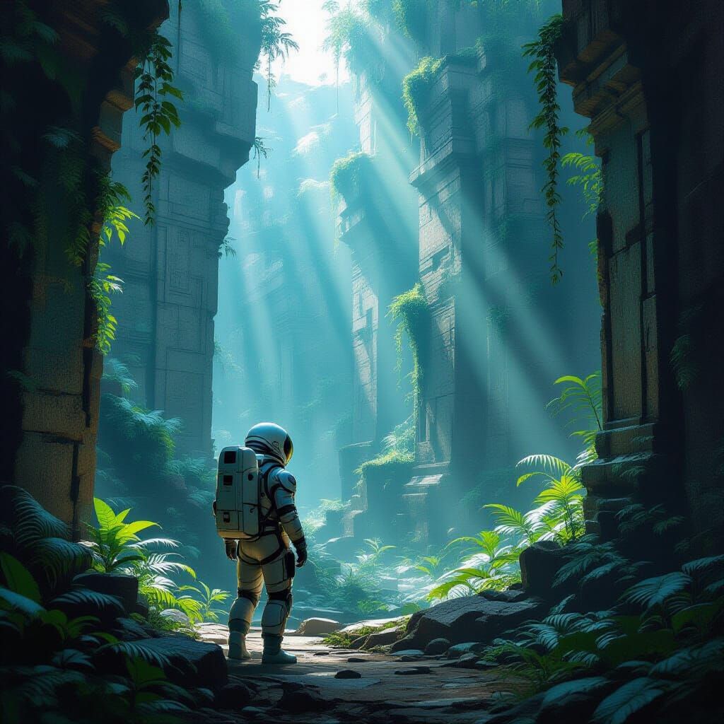 Astronaut Explores Alien Ruins in Ethereal Glow
