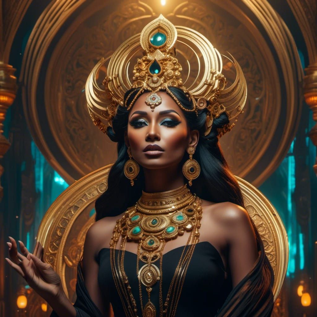 Baroque Woman with Gold Crown and Rave Makeup