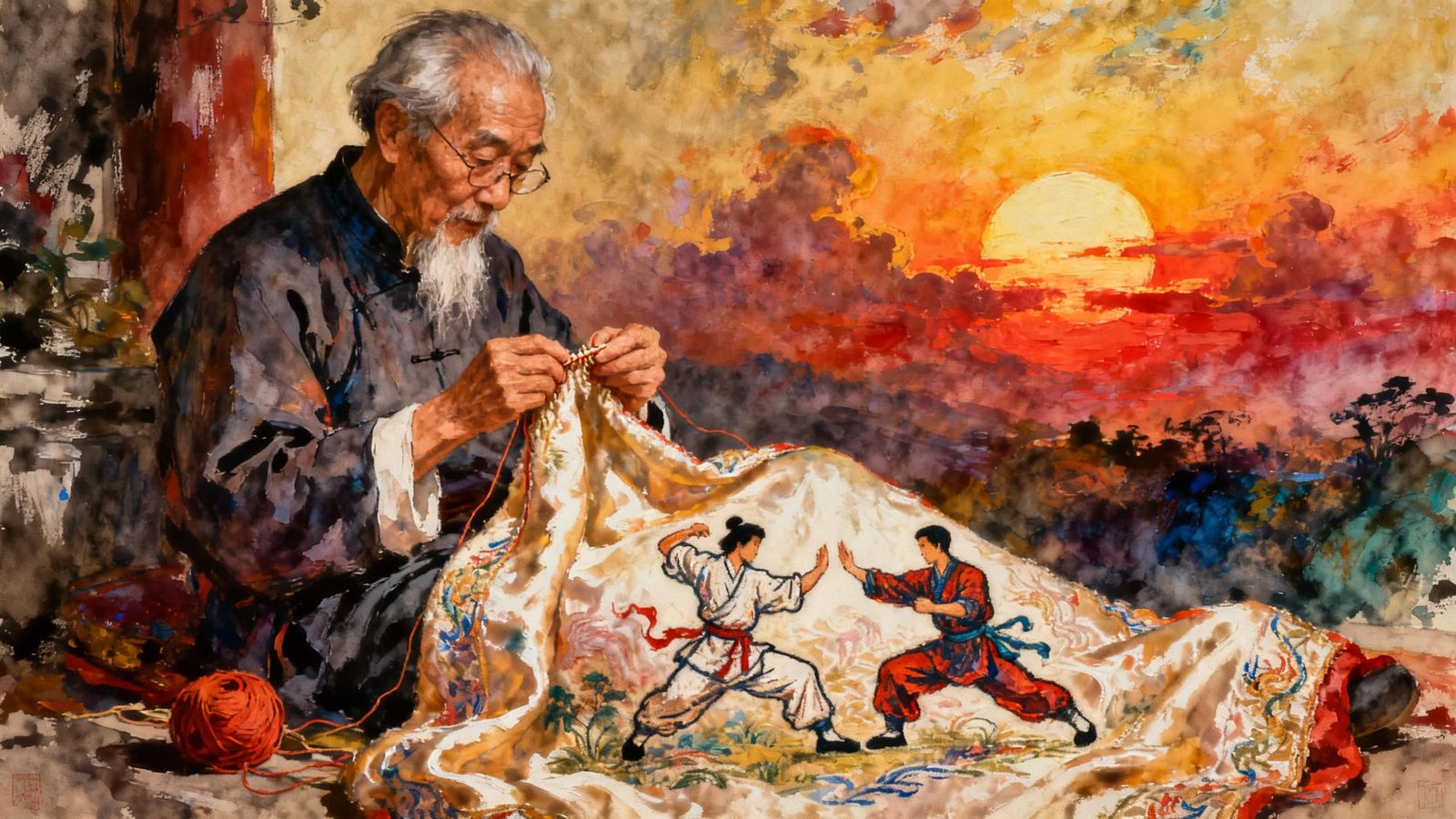 Old Chinese Man Knits Sunrise Martial Arts Blanket