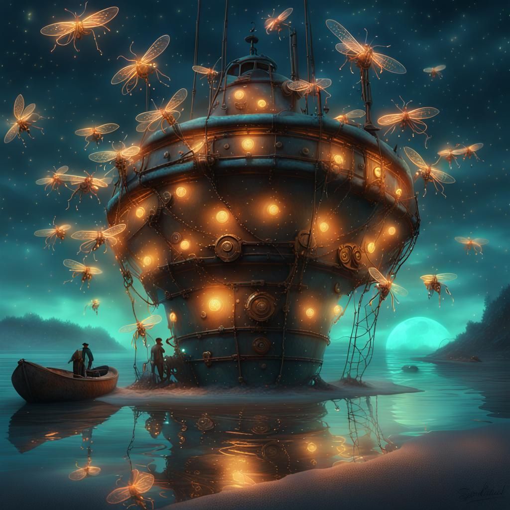 Steampunk Fireflies Swarm a Moonlit Bay