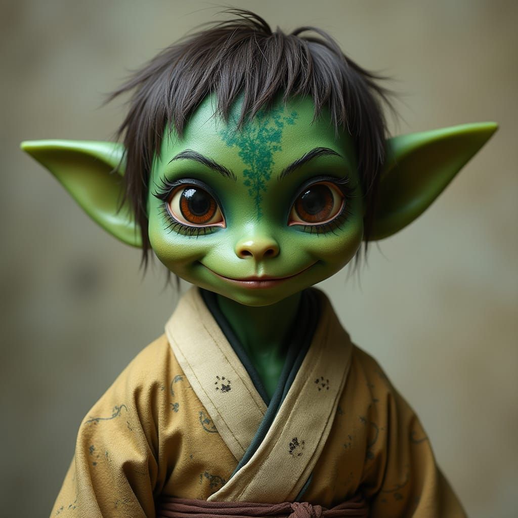 Realistic Green Goblin in Traditional Montsuki Attire with K...
