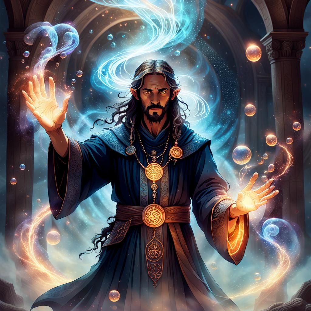 jeu de role A mysterious mage casting a powerful spell, surrounded by magical effects and a mystical atmosphere. Greg Ru...