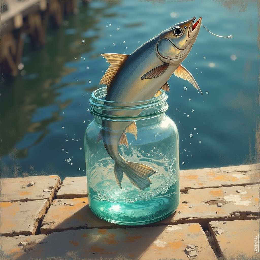 Silver Fish Leaps from Glass Jar on Weathered Dock