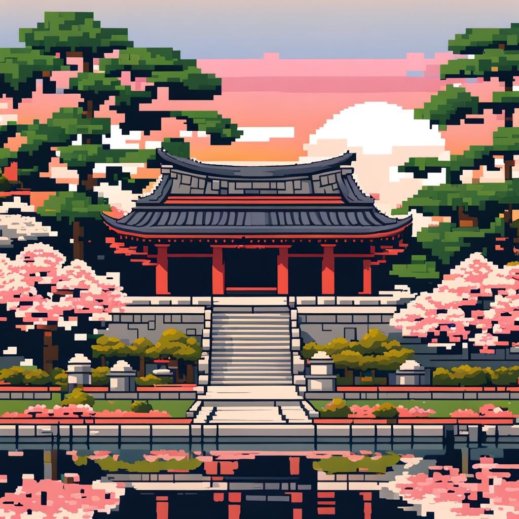 Pixel Art Japanese Temple with Sakura Trees