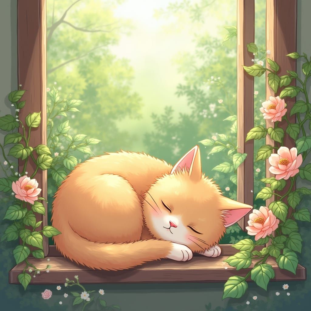 Anime Cat Basks in Warm Sunlight