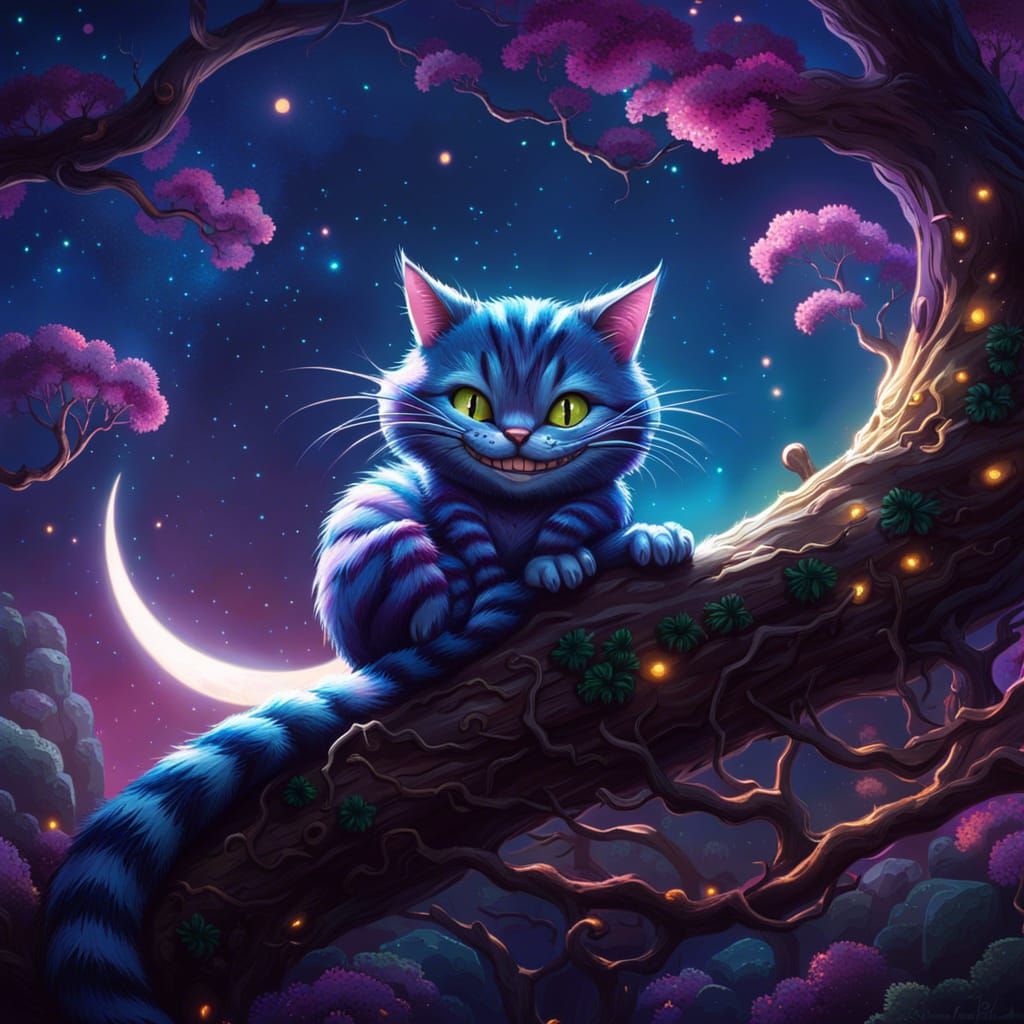 Cheshire Cat in Starry Tree, Fantasy Art