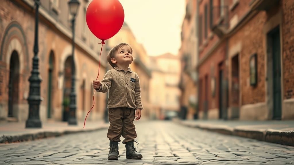 Boy with Red Balloon in Sepia Tone