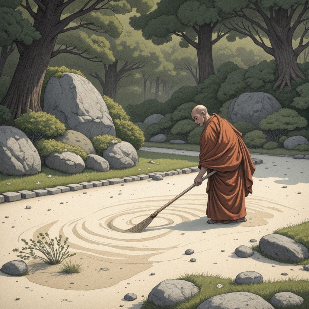 Zen Monk Raking Sand Garden in Spring