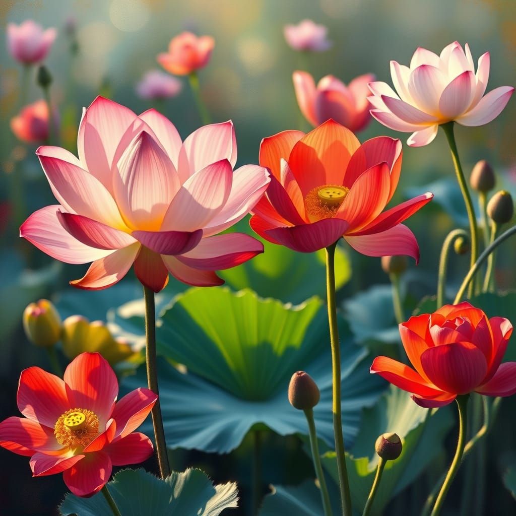 Whimsical Garden Scene with Lotus and Poppies