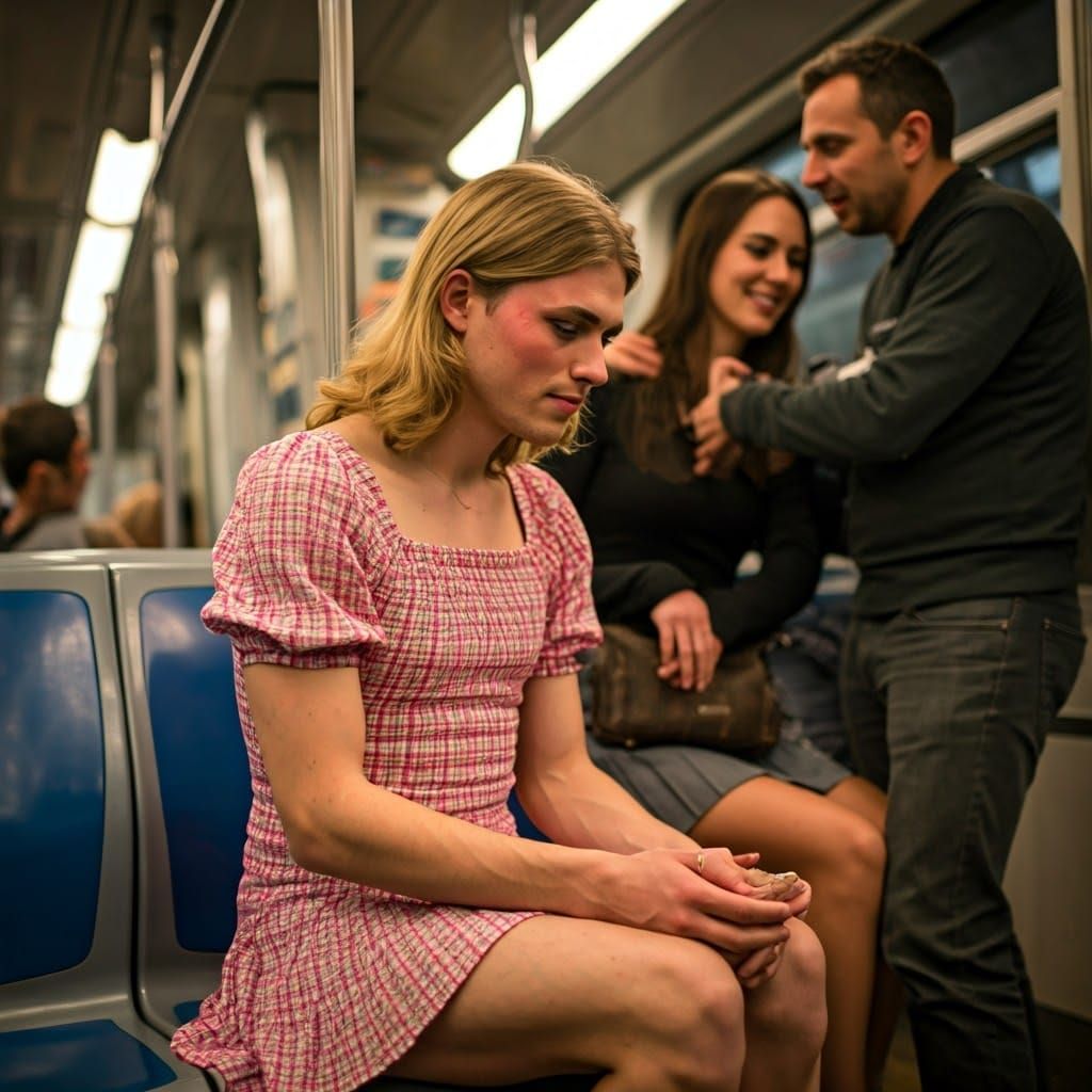 Embarrassed Young Man in Pink Plaid Dress on Metro