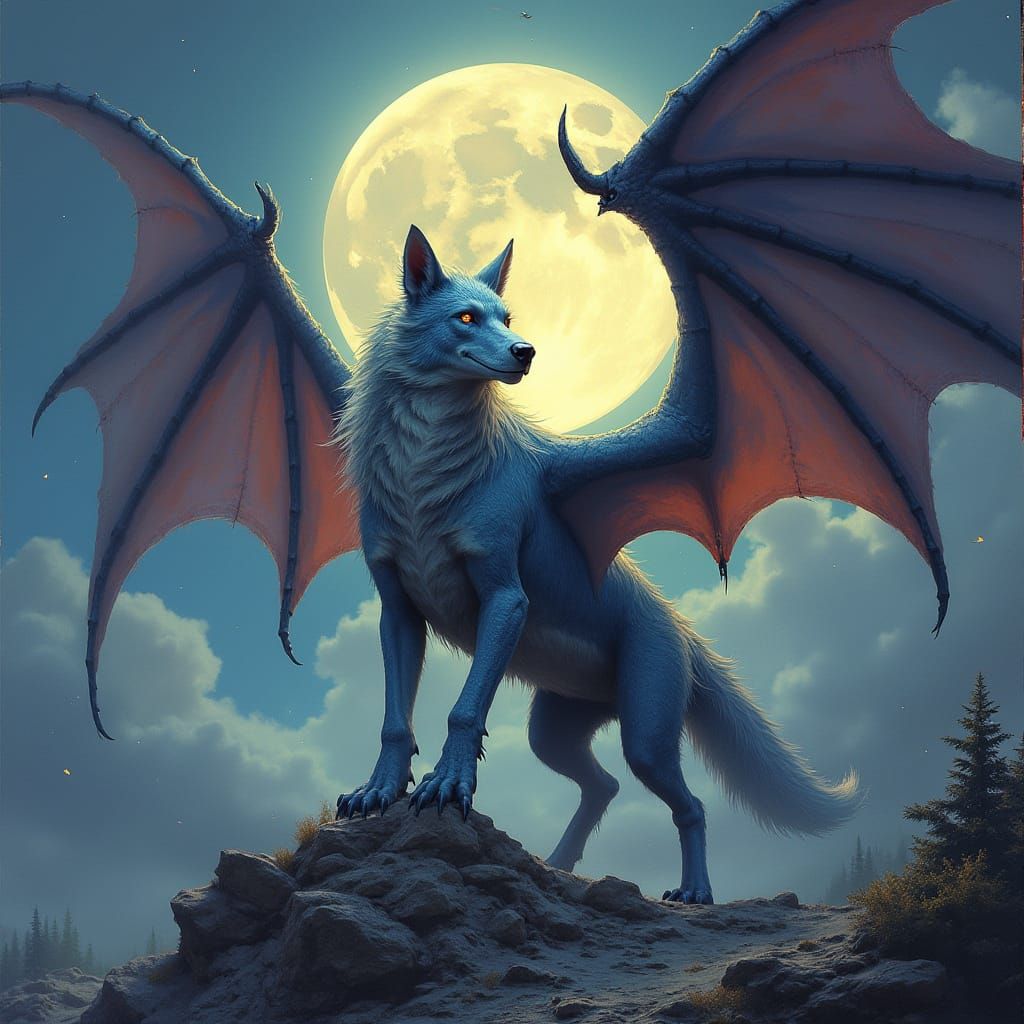 Dragon-Wolf Hybrid in Ethereal Moonlit Landscape