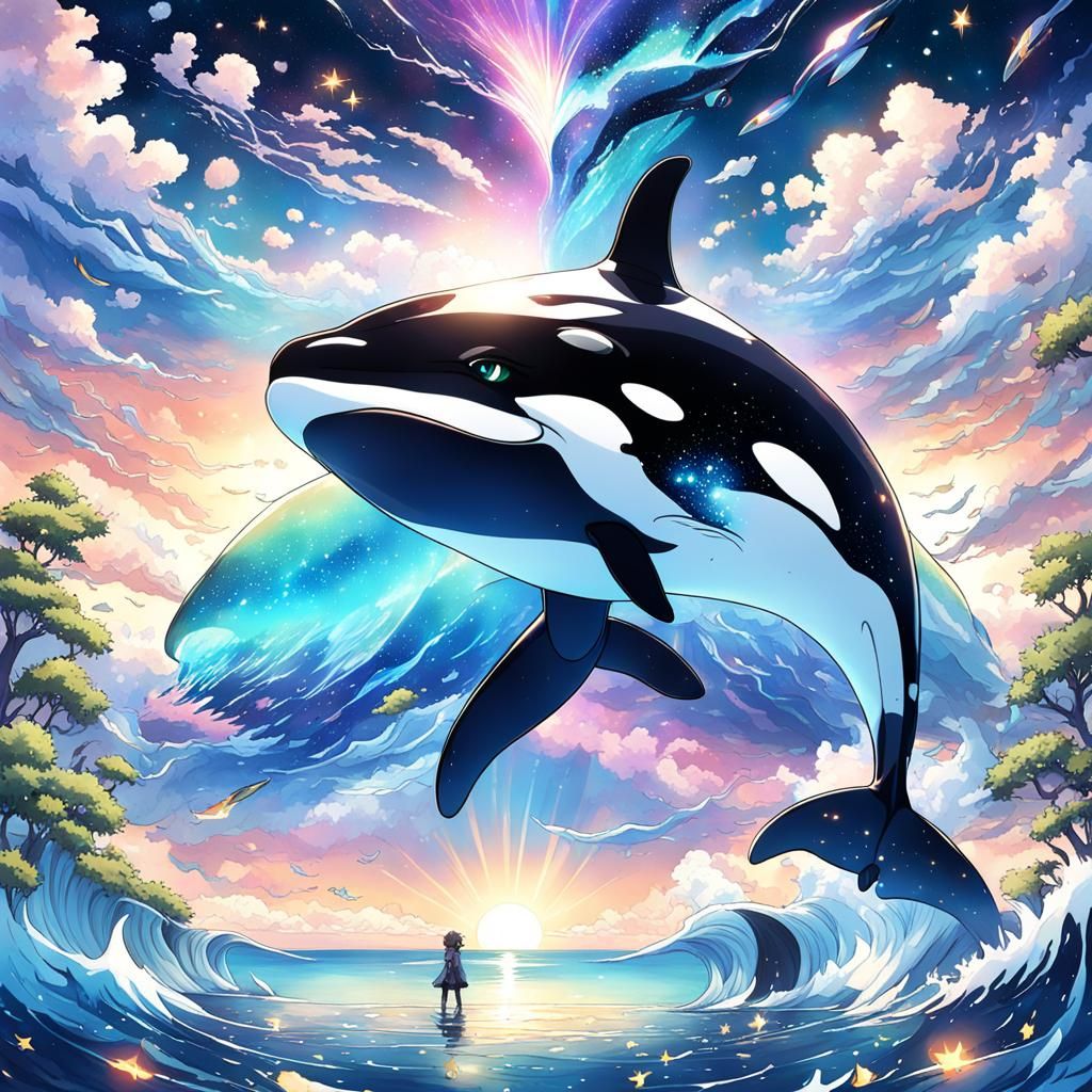 Iridescent Whale in Galaxy Dreamscape: Anime Style