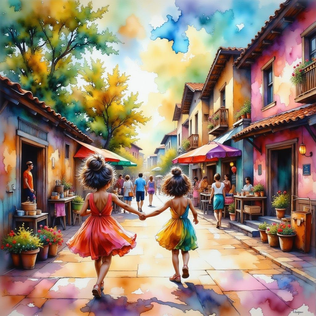 Children Playing in Little India, Impressionist Style